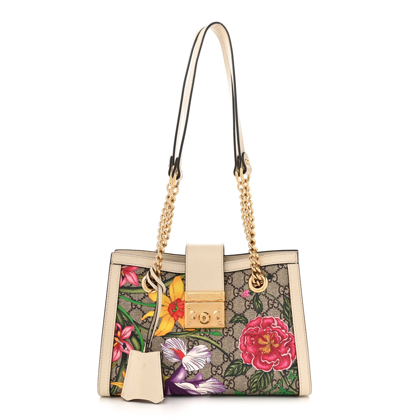 GG Supreme Monogram Flora Textured Calfskin Small Padlock Tote Beige Ebony Multicolor Mystic White