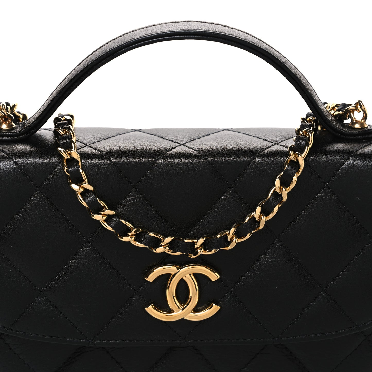 Shiny Aged Calfskin Quilted Top Handle Clutch With Chain Black