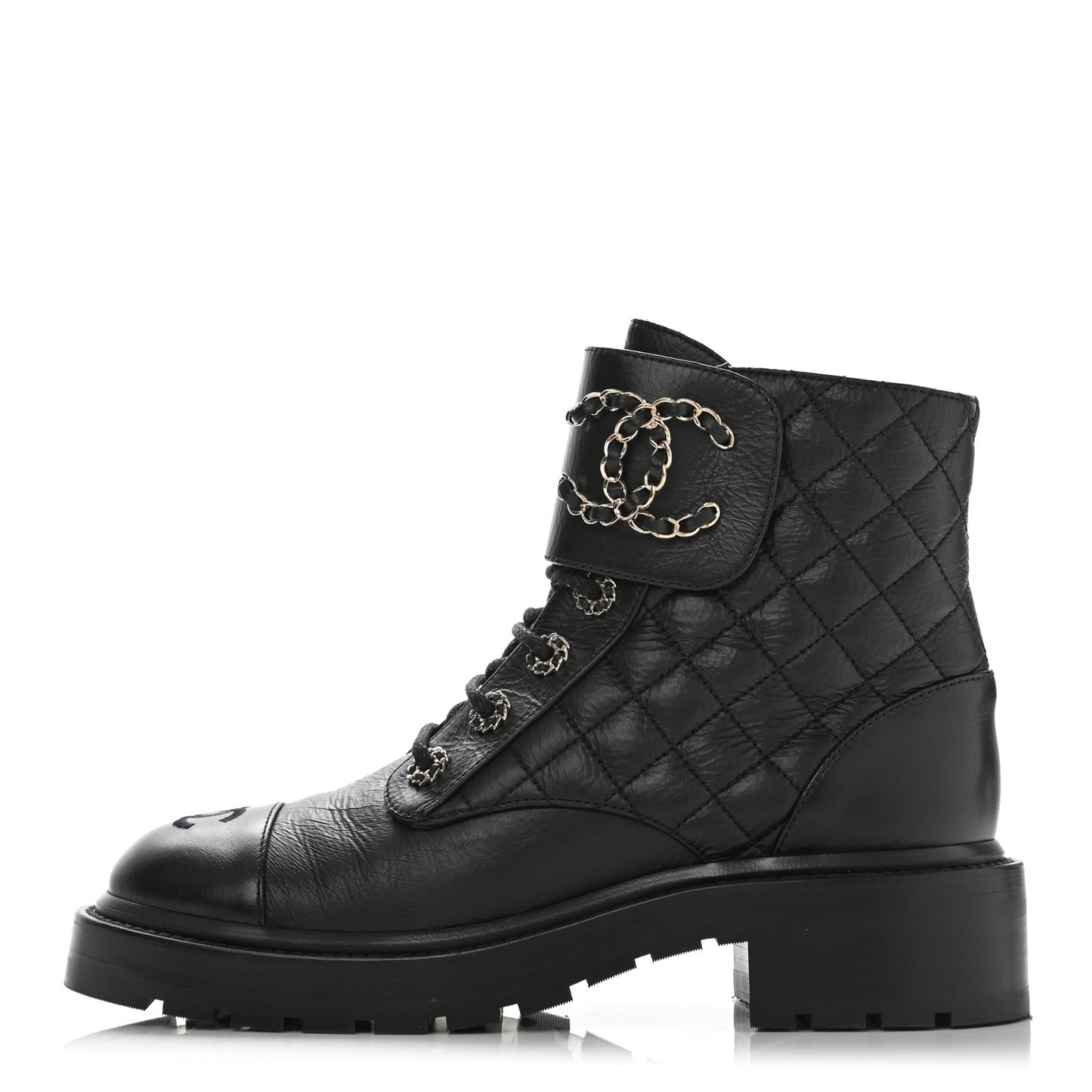 Shiny Goatskin Calfskin Quilted Lace Up Combat Boots 37 Black