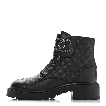 Chanel Shiny Goatskin Calfskin Quilted Lace Up Combat Boots 37 Black 1 of 12