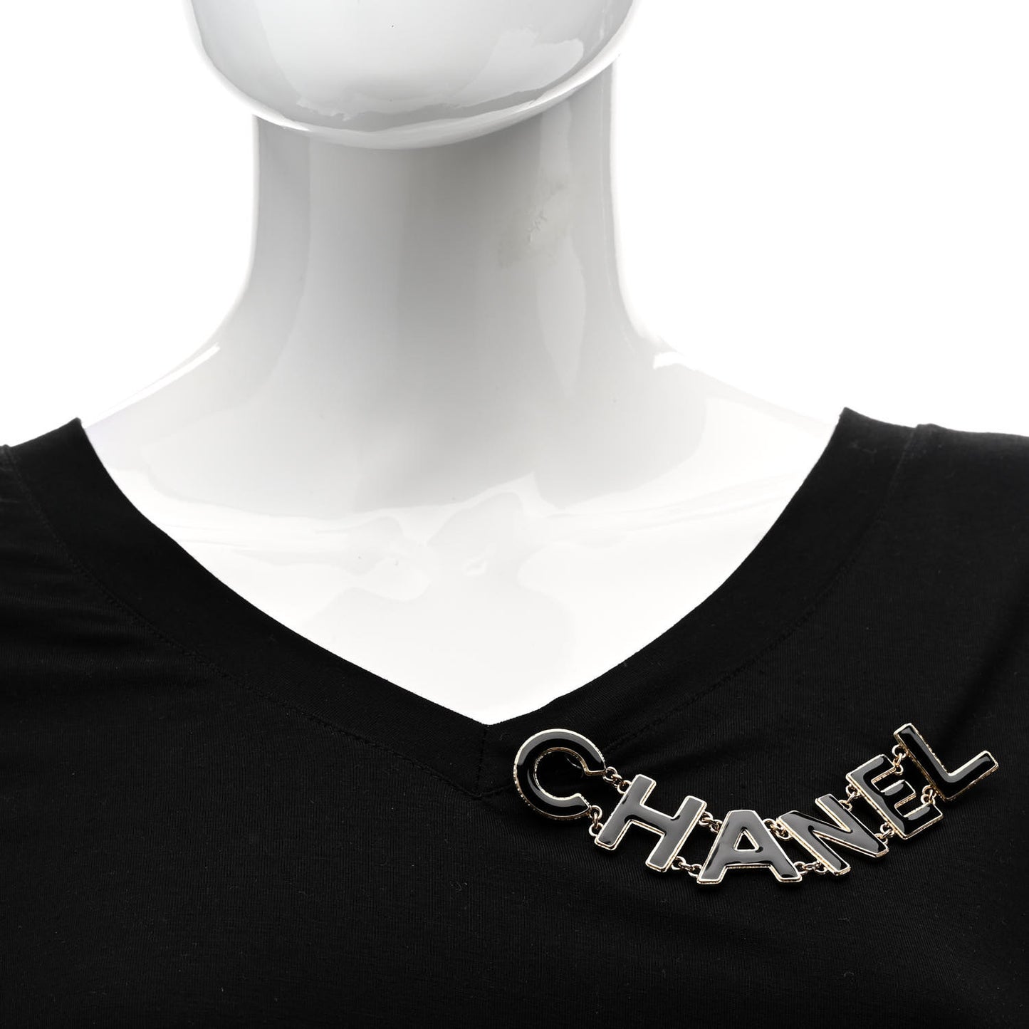 Metal Enamel Cha-Nel Logo Brooch Black Gold