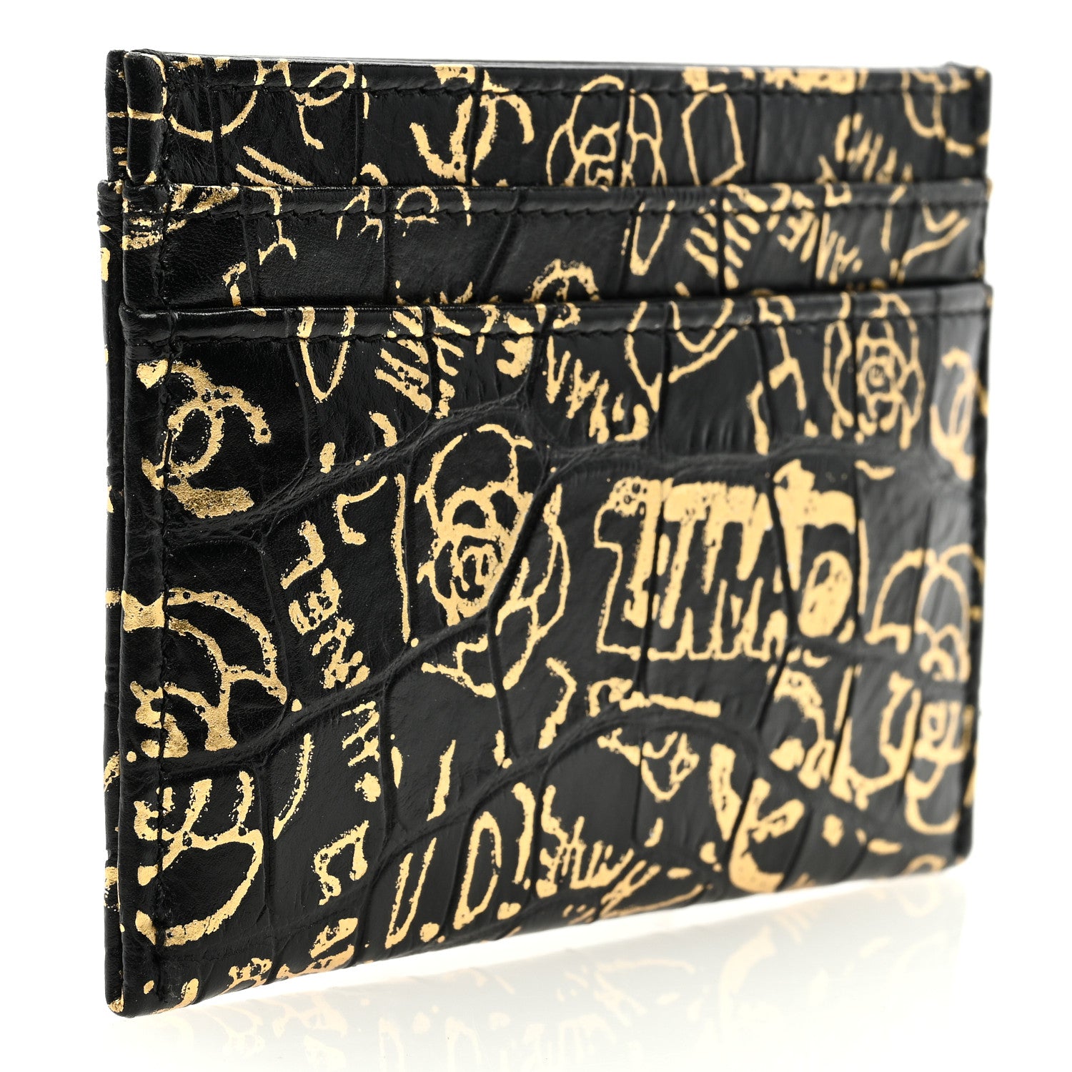 Chanel Calfskin Crocodile Embossed Graffiti 2.55 Cocodile Reissue Card Holder Black Gold 3 of 7