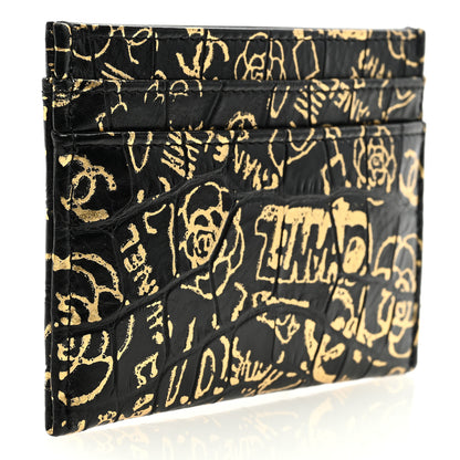 Chanel Calfskin Crocodile Embossed Graffiti 2.55 Cocodile Reissue Card Holder Black Gold 3 of 7