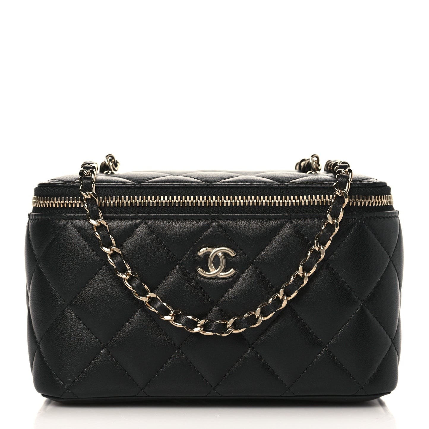Lambskin Quilted Small Pearl Crush Vanity Case With Chain Black