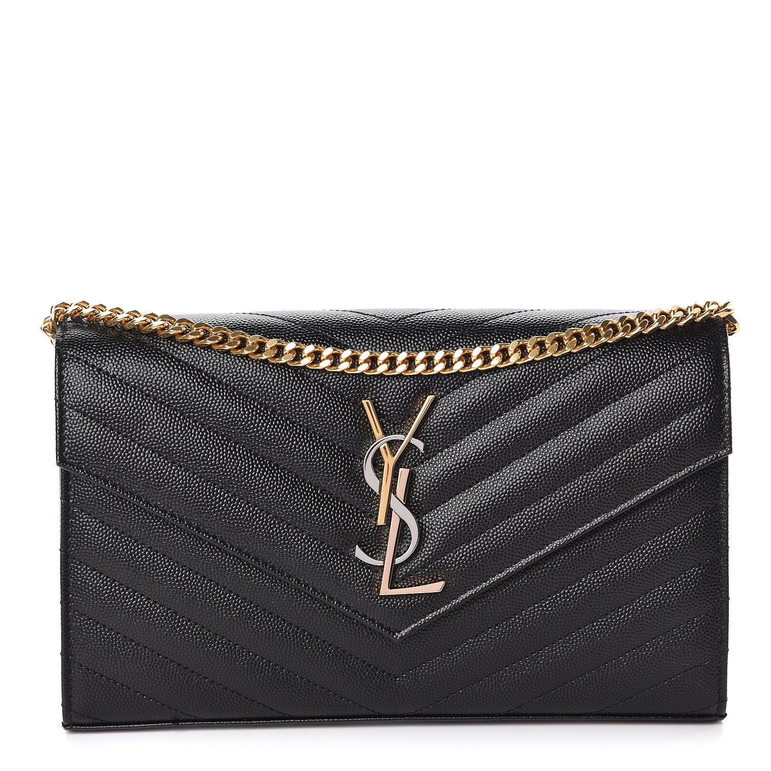 Saint Laurent Grain De Poudre Matelasse Chevron Monogram Chain Wallet Black 1 of 9