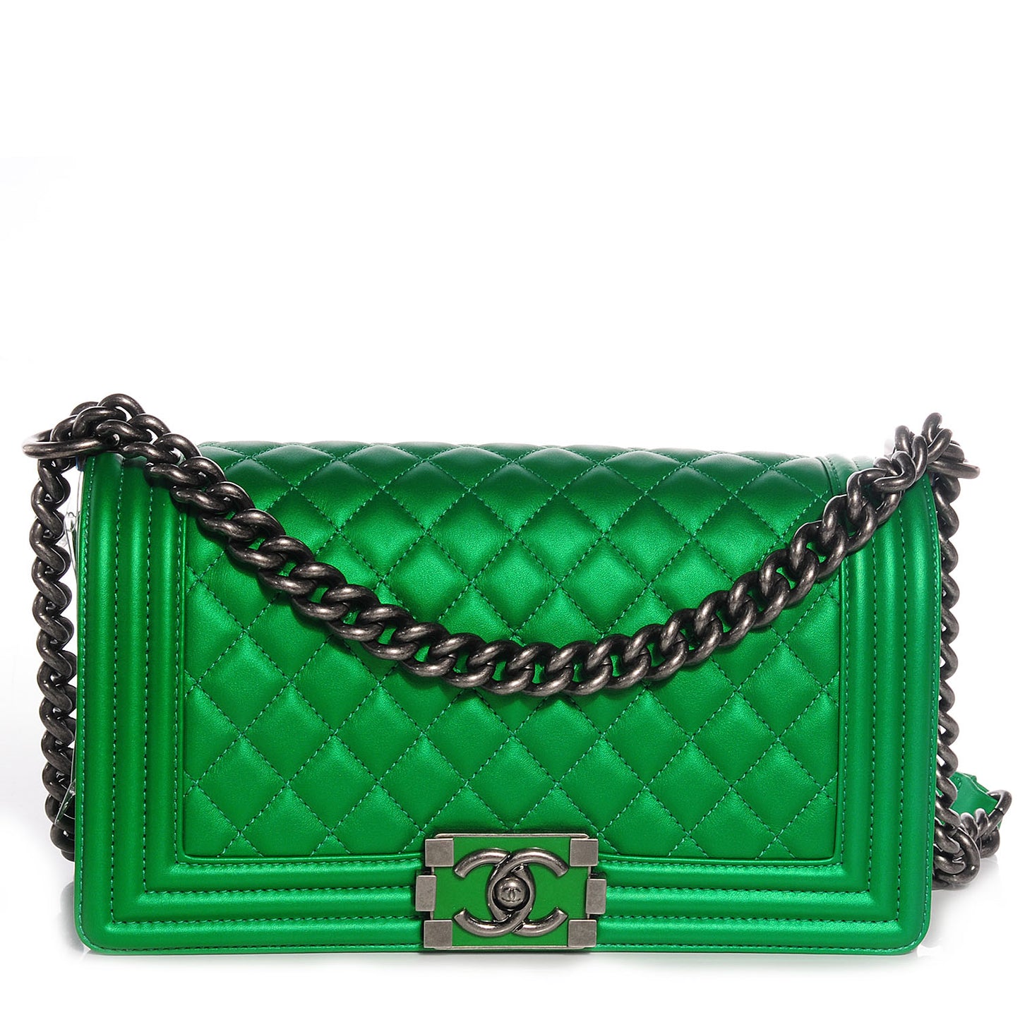 Metallic Calfskin Quilted Medium Boy Flap Green