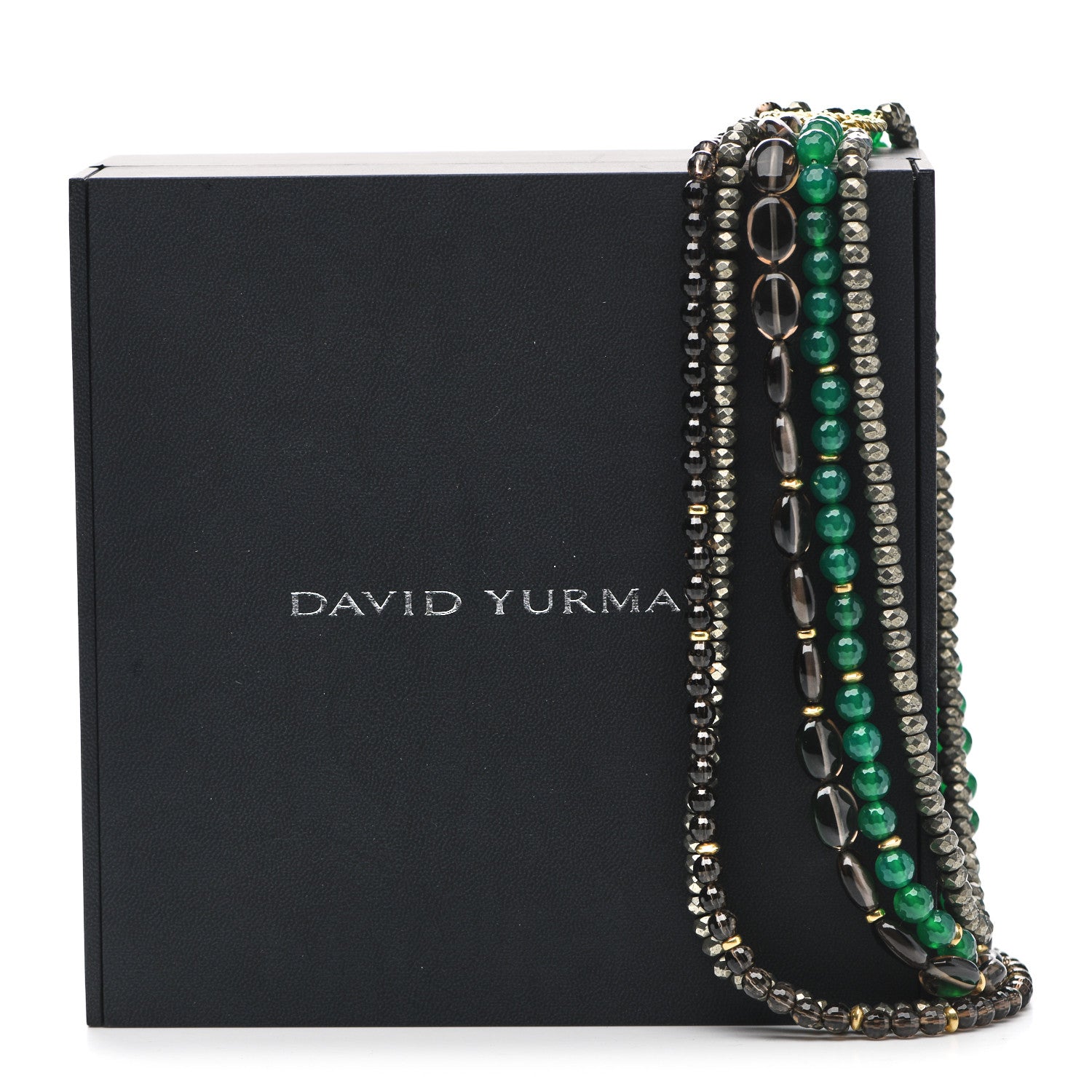 David Yurman 18K Yellow Gold Green Onyx Smoky Quartz Pyrite Signature Multi Strand Necklace 5 of 5