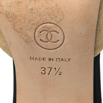 Chanel Suede Grosgrain Cap Toe CC Mules 37.5 Beige Black 7 of 8