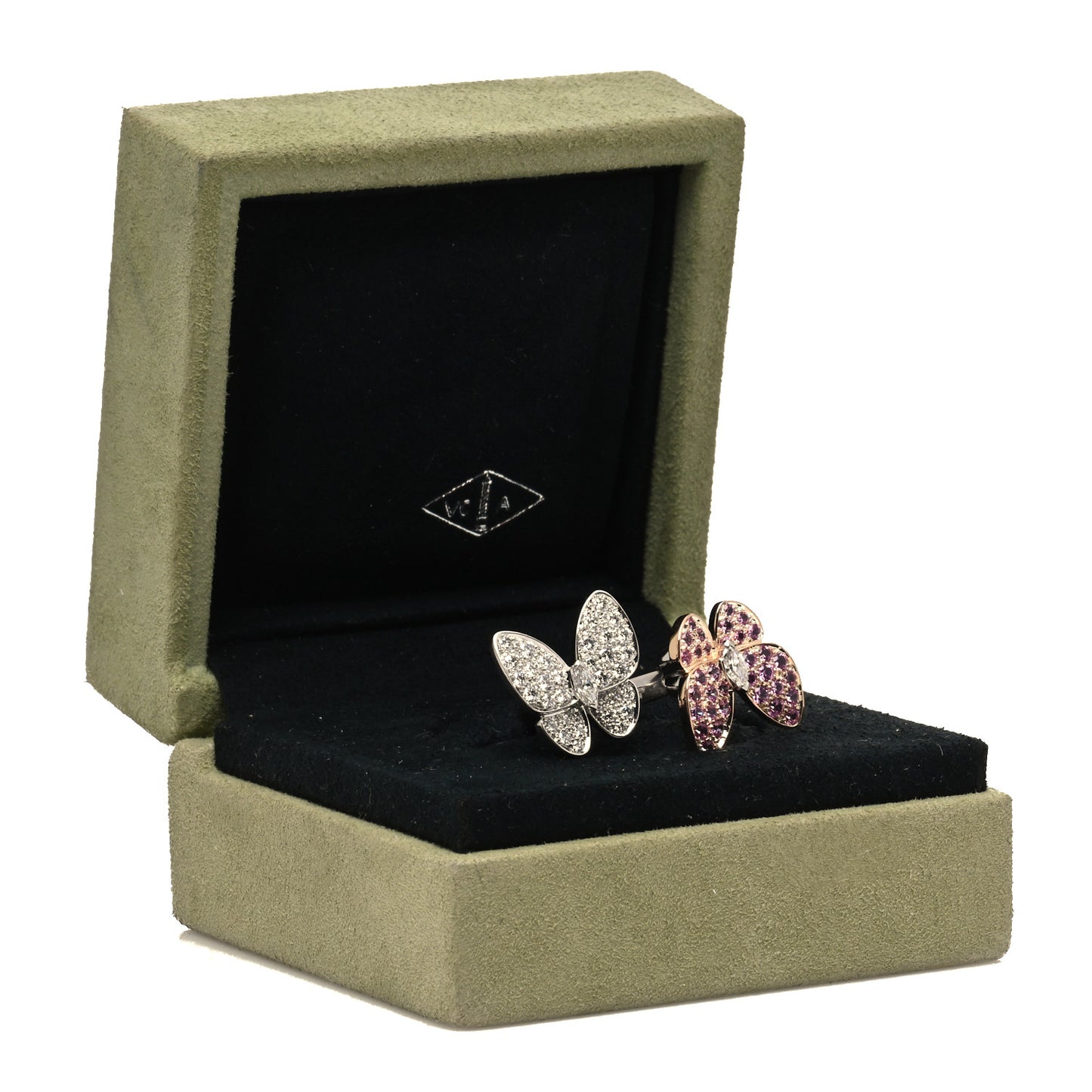 18K White Rose Gold Diamond Pink Sapphire Two Butterfly Between The Finger Ring 49 5