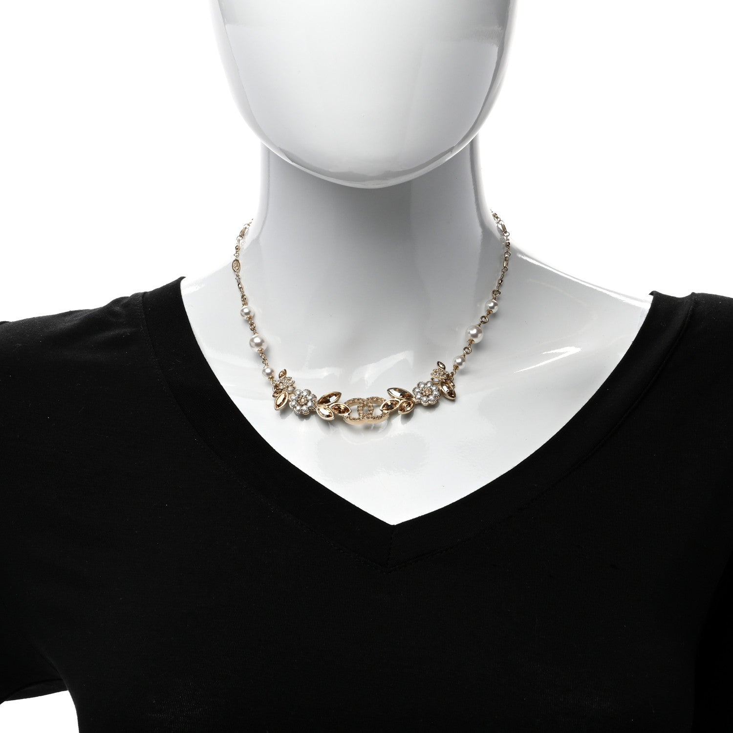 Chanel Pearl Crystal CC Flower Cluster Necklace Gold Light Brown Pearly White 2 of 4