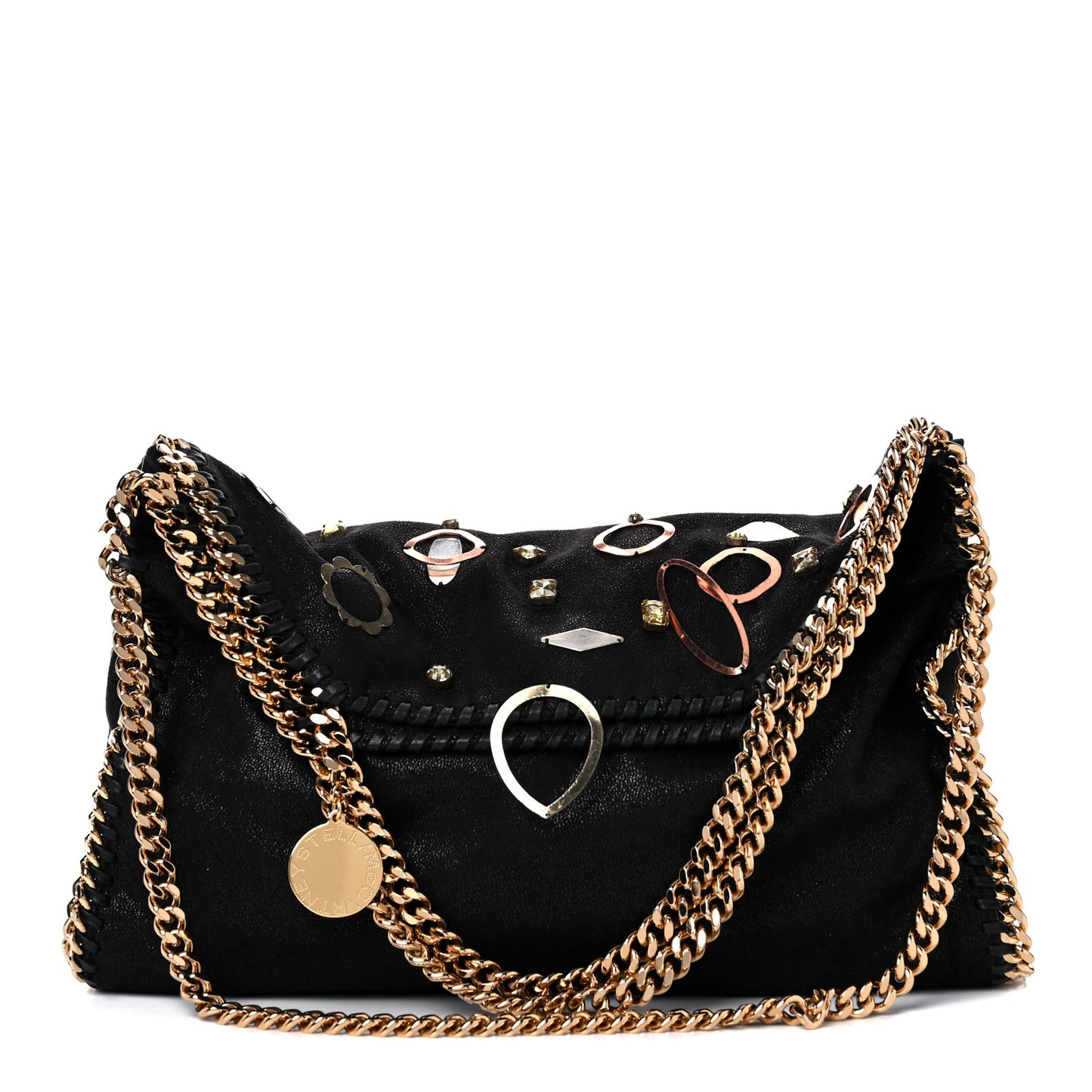 Embellished Shaggy Deer Small Falabella Fold Over Tote Black