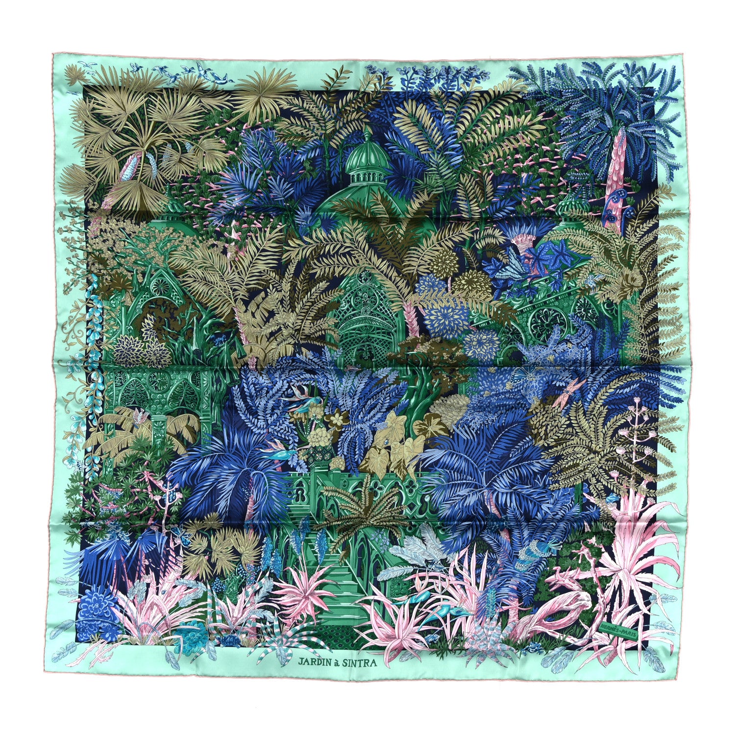 Hermes Silk Jardin A Sintra Scarf 90 Vert Jade Bleu Rose 1 of 5