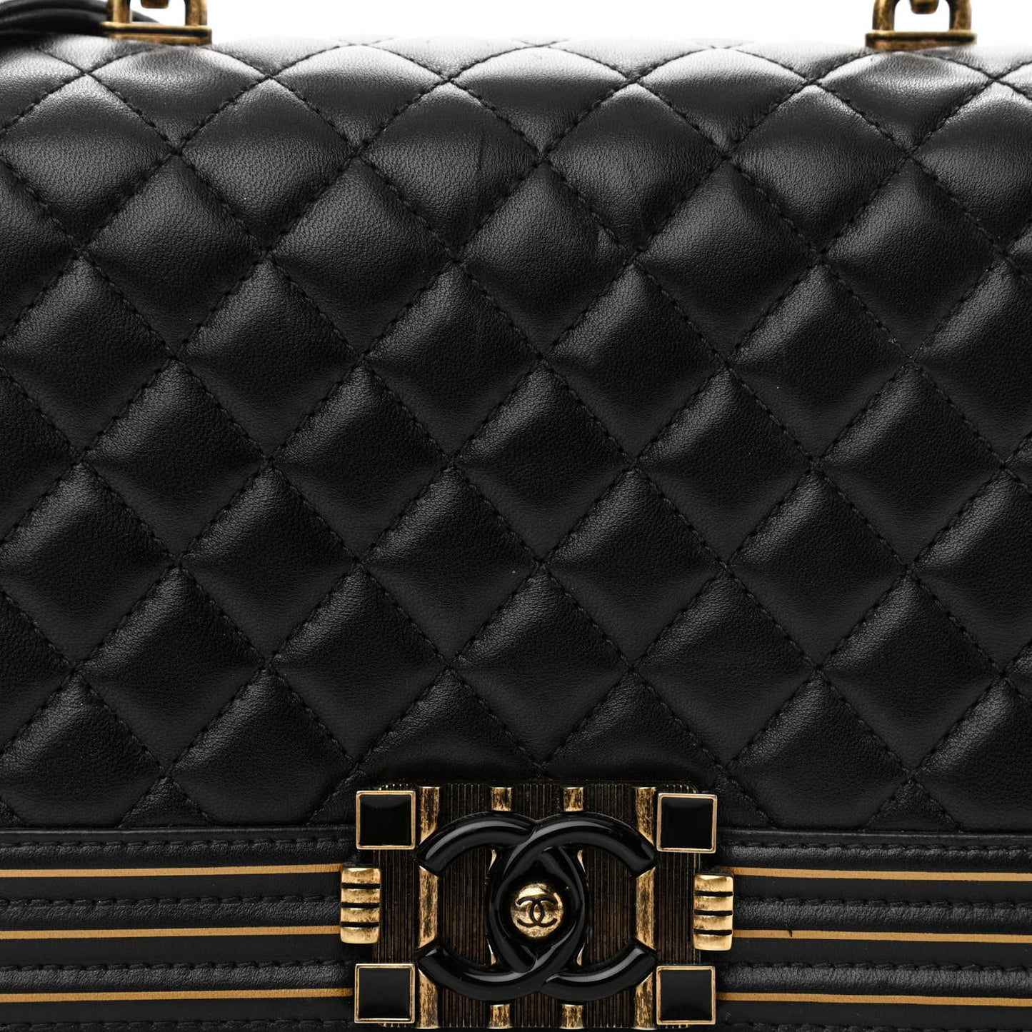 Lambskin Quilted Medium Boy Studded Handle Flap Black Gold