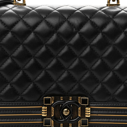Chanel Lambskin Quilted Medium Boy Studded Handle Flap Black Gold 9 of 13