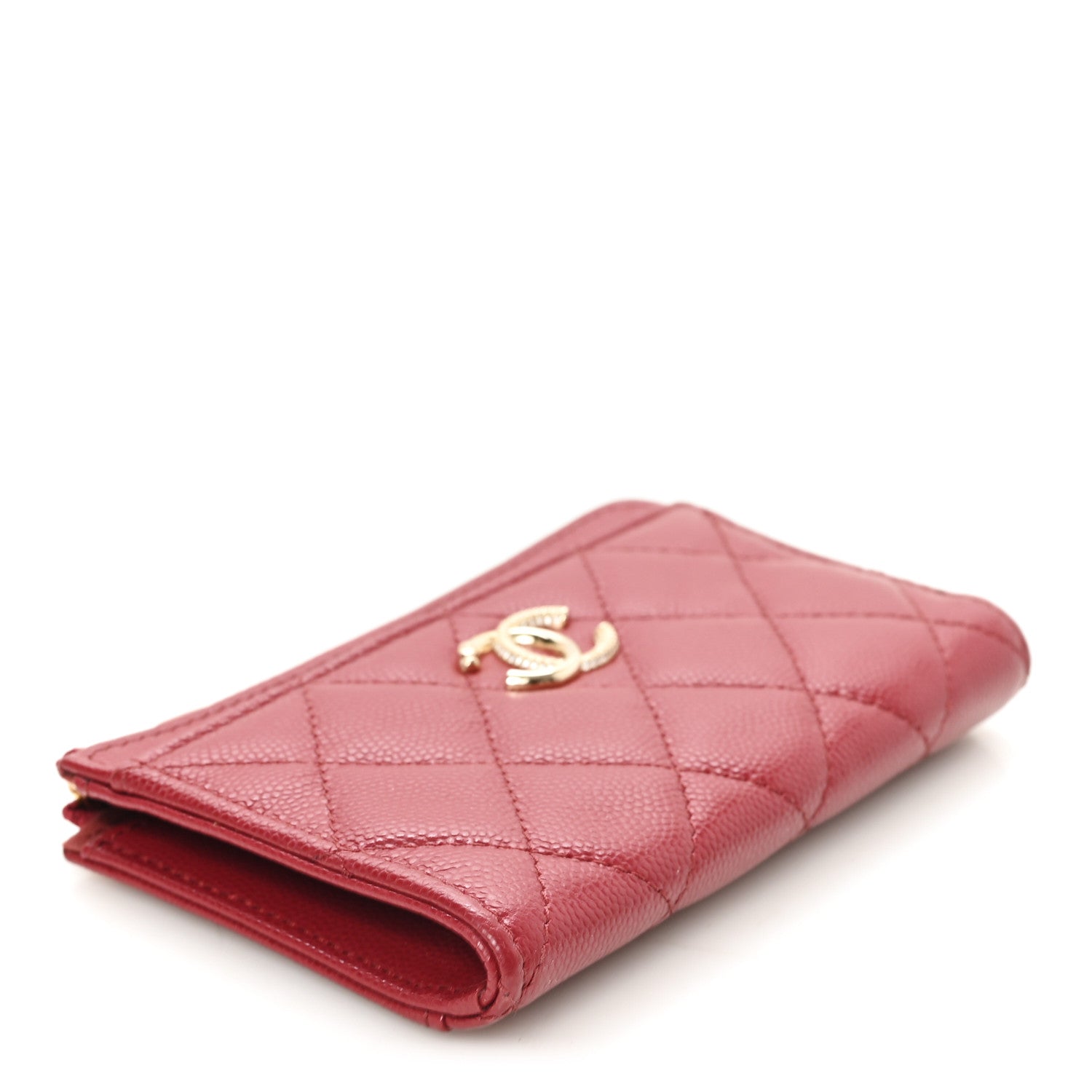 Chanel Caviar Quilted Crystal CC Zip Around Card Holder Red
