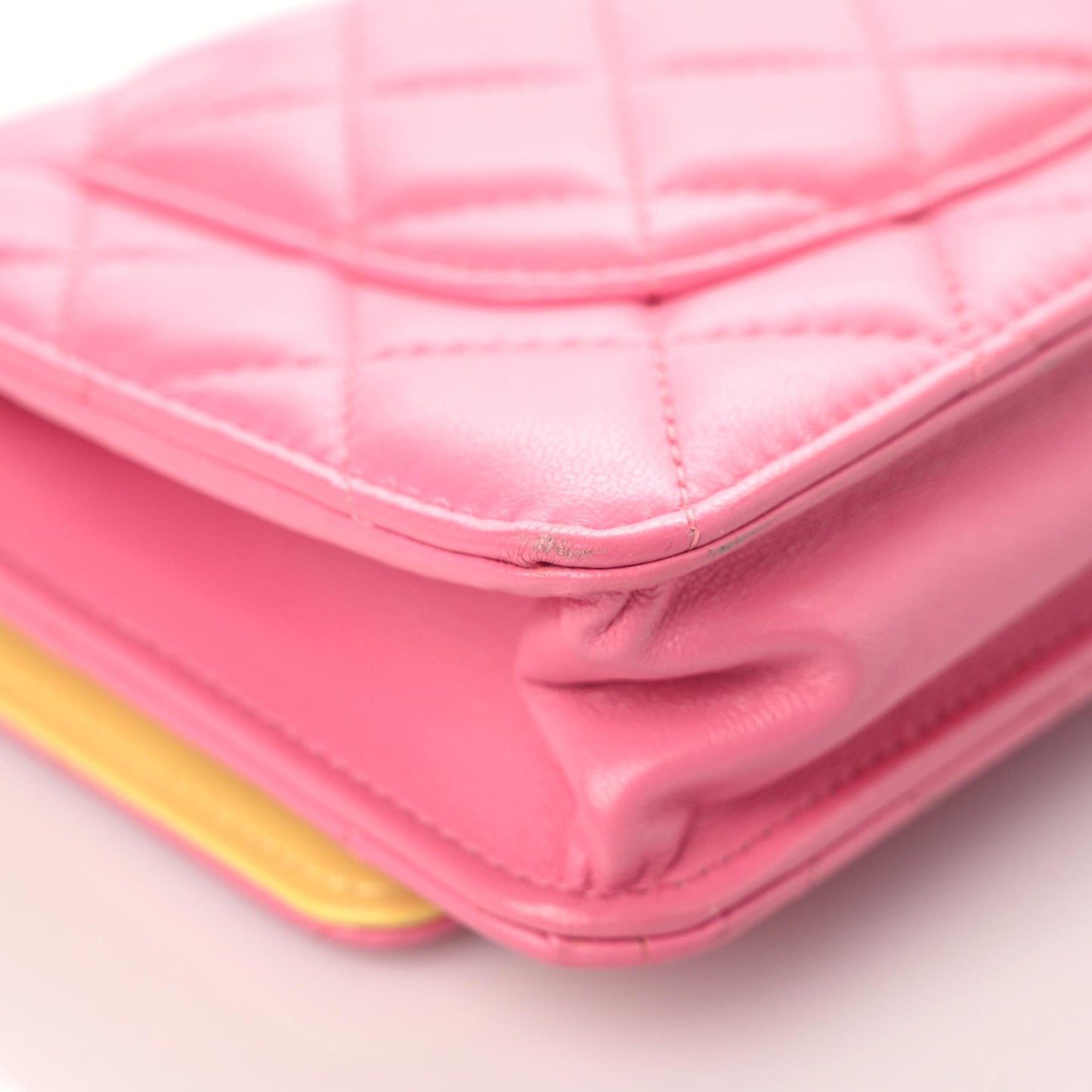 Lambskin Quilted Wallet On Chain WOC Pink Yellow