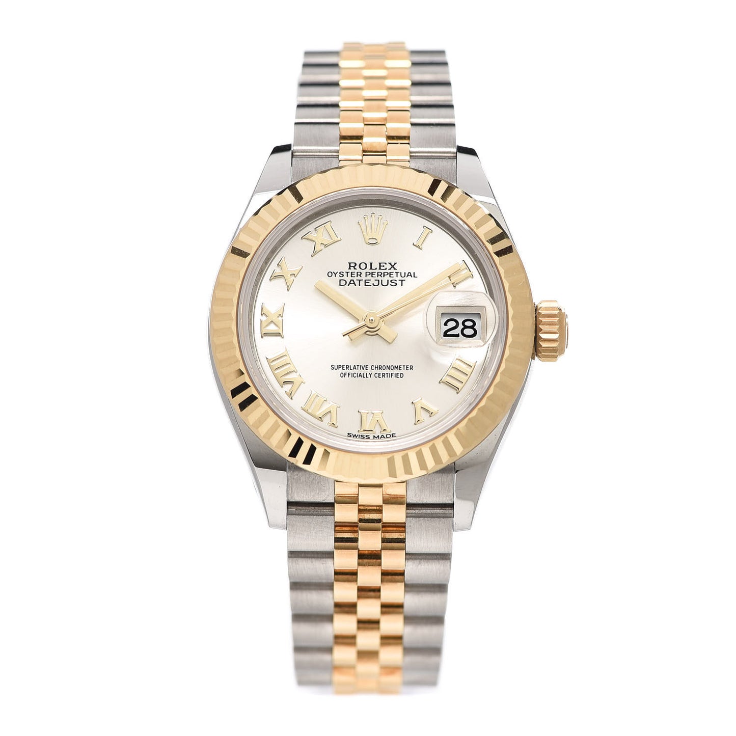 Stainless Steel 18K Yellow Gold 28mm Oyster Perpetual Datejust Watch Silver Roman 279173