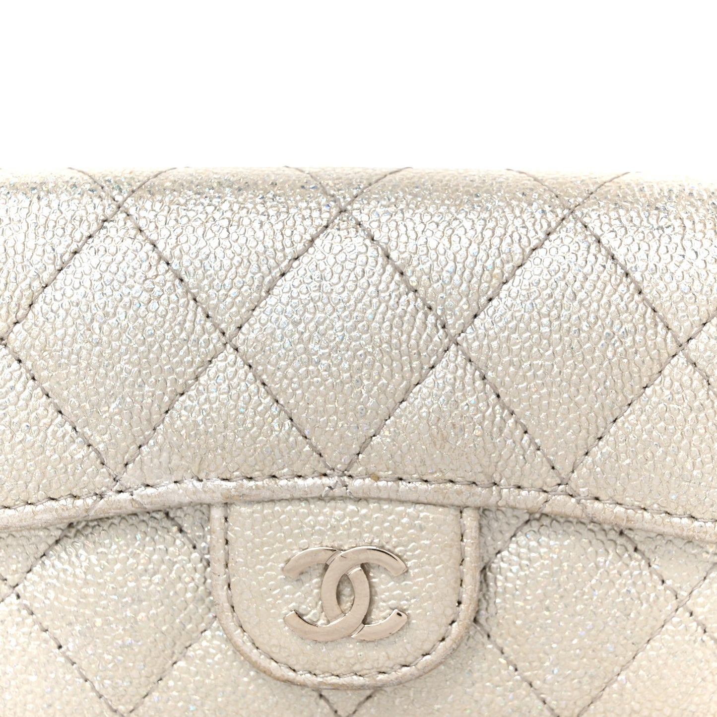 Glittered Metallic Caviar Quilted Flap Card Holder Wallet Silver