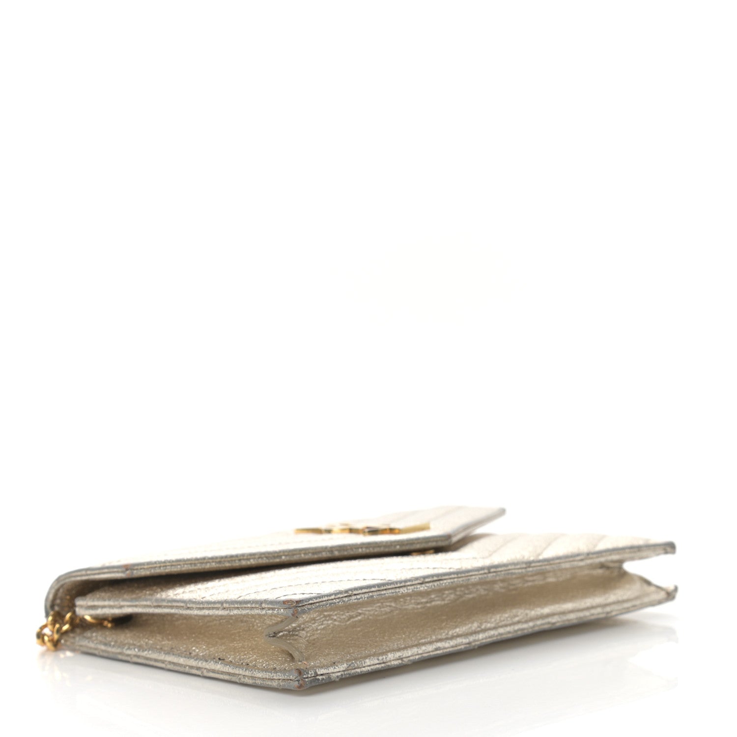 Saint Laurent Metallic Crackled Calfskin Matelasse Chevron Monogram Envelope Chain Wallet Gold 4 of 14