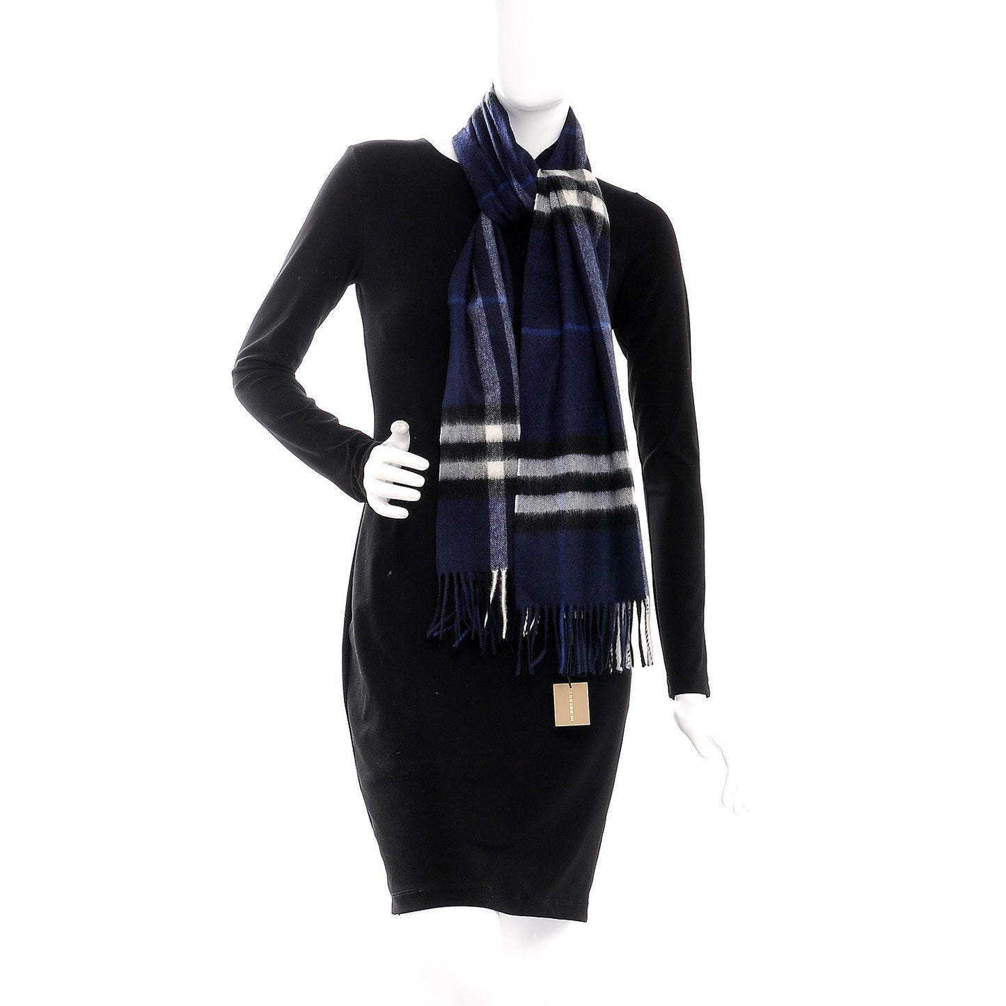 Cashmere Giant Check Fringe Scarf Indigo Blue