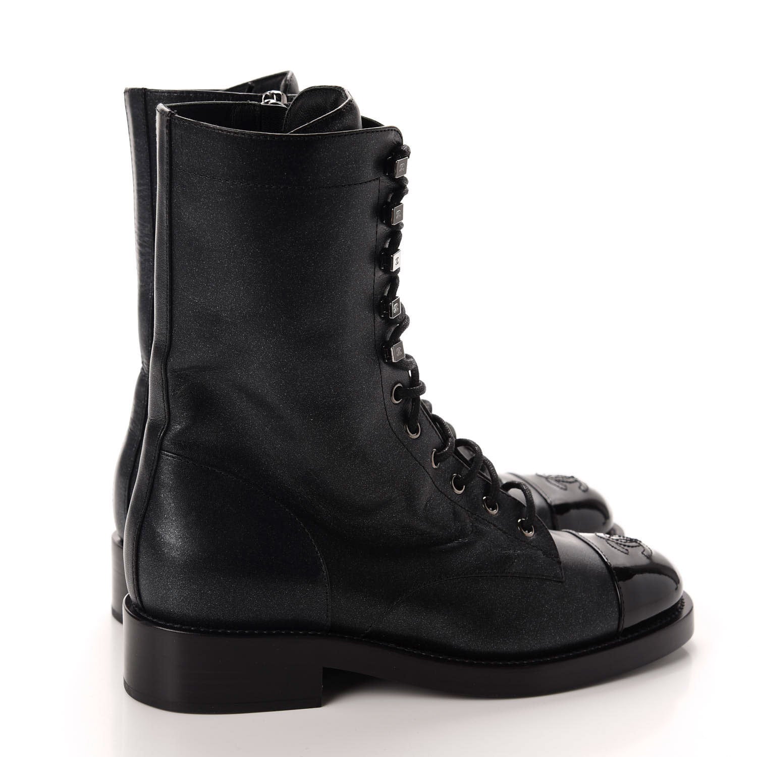Chanel Iridescent Calfskin Lace Up Combat Boots 38 Black 4 of 9