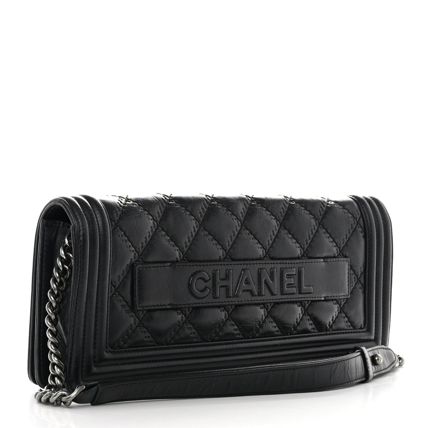 Calfskin Double Stitch Boy Clutch With Removable Chain Black