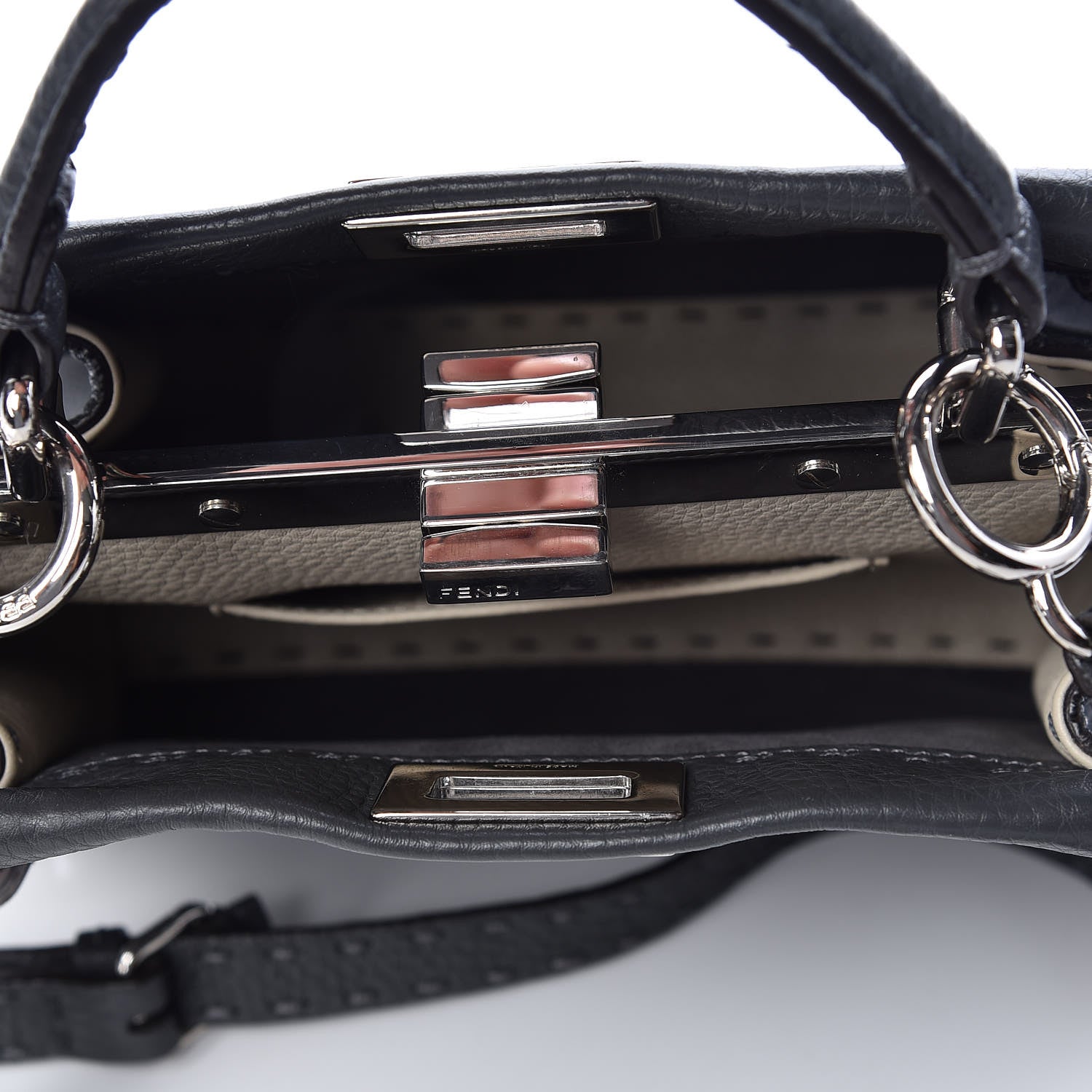 Fendi Cuoio Romano Elaphe Selleria Lace Up Bi-Color Mini Peekaboo Iconic Satchel Asfalto Latte Fumo 5 of 9