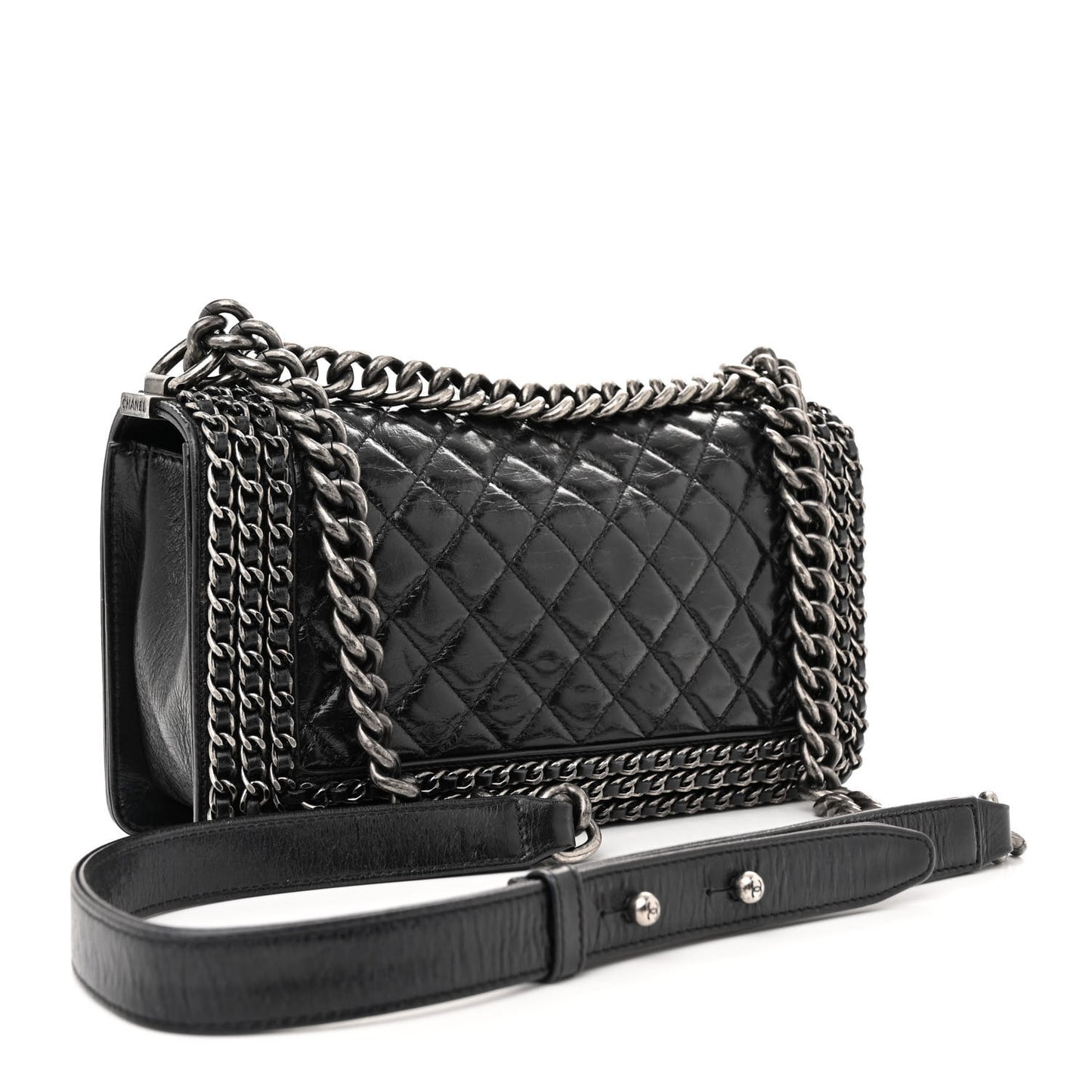 Glazed Calfskin Quilted Medium Chain Around Boy Flap Black