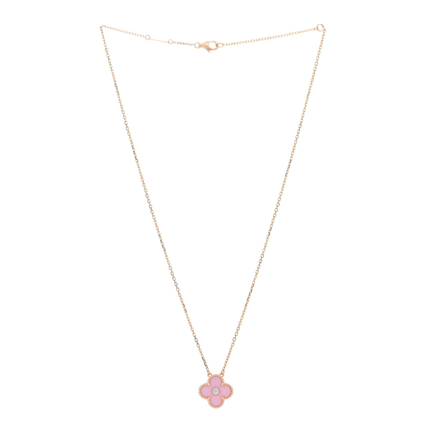 VAN CLEEF & ARPELS 18K Rose Gold Diamond Pink Porcelain Vintage Alhambra Pendant Necklace