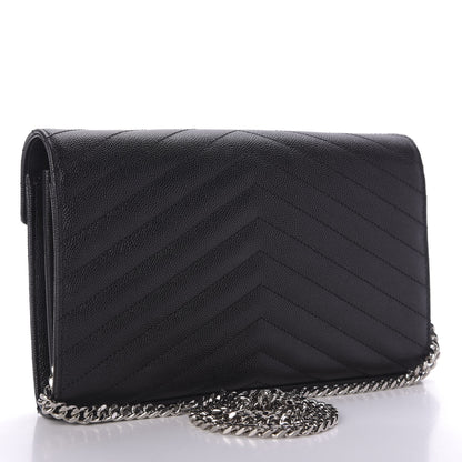 Saint Laurent Grain De Poudre Matelasse Chevron Monogram Chain Wallet Black 3 of 8