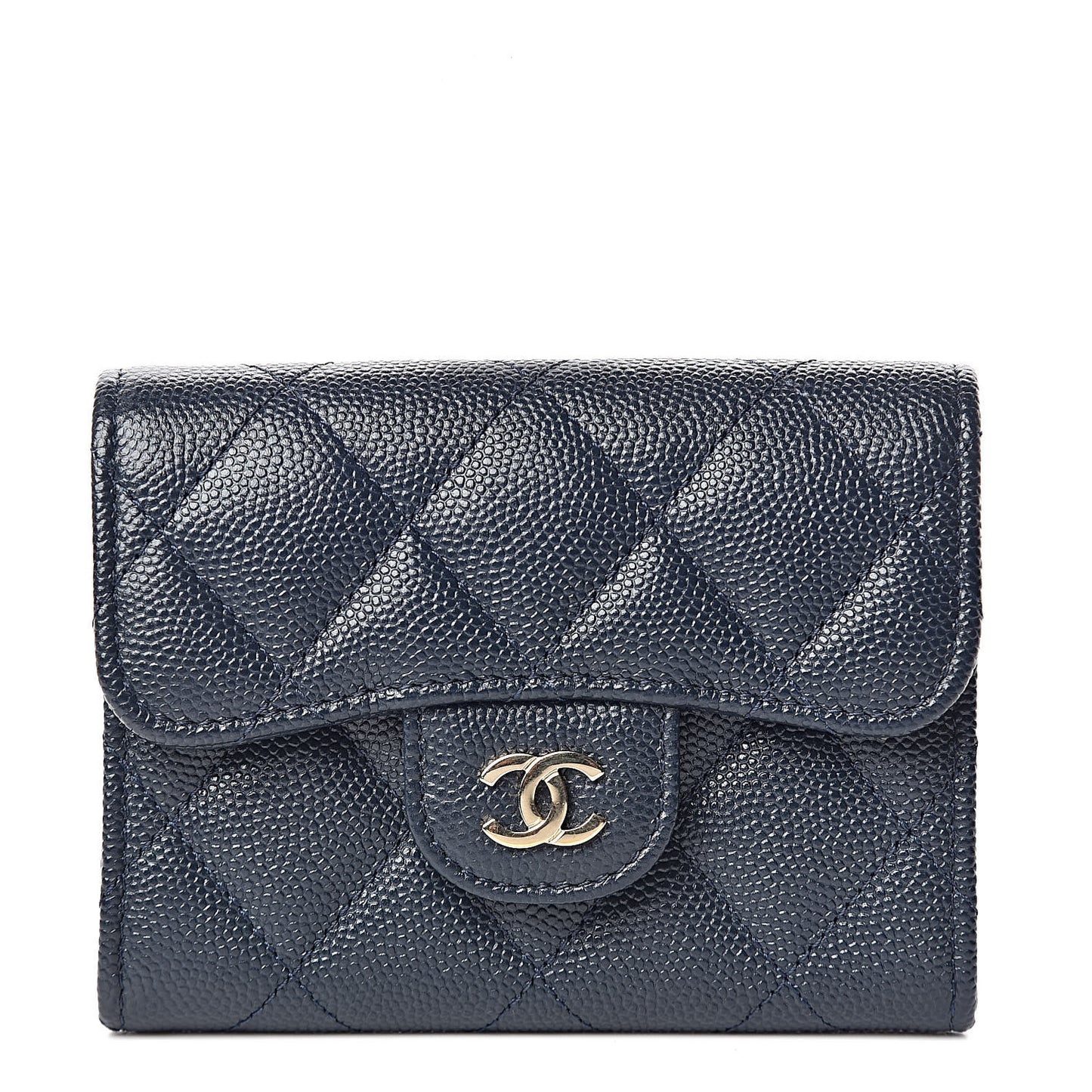 Caviar Quilted Flap Card Holder Wallet Navy