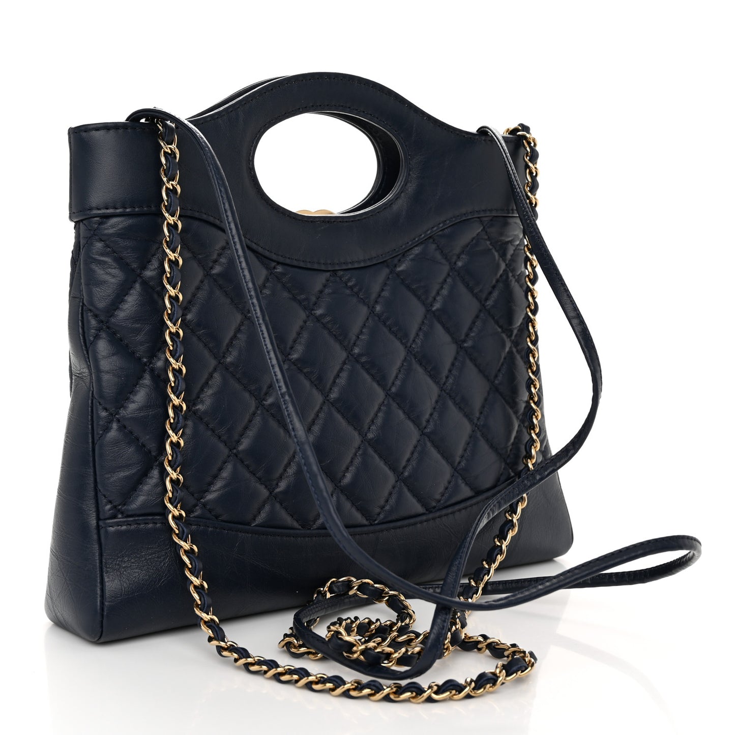 Shiny Crumpled Calfskin Quilted Mini 31 Shopping Bag Navy Blue
