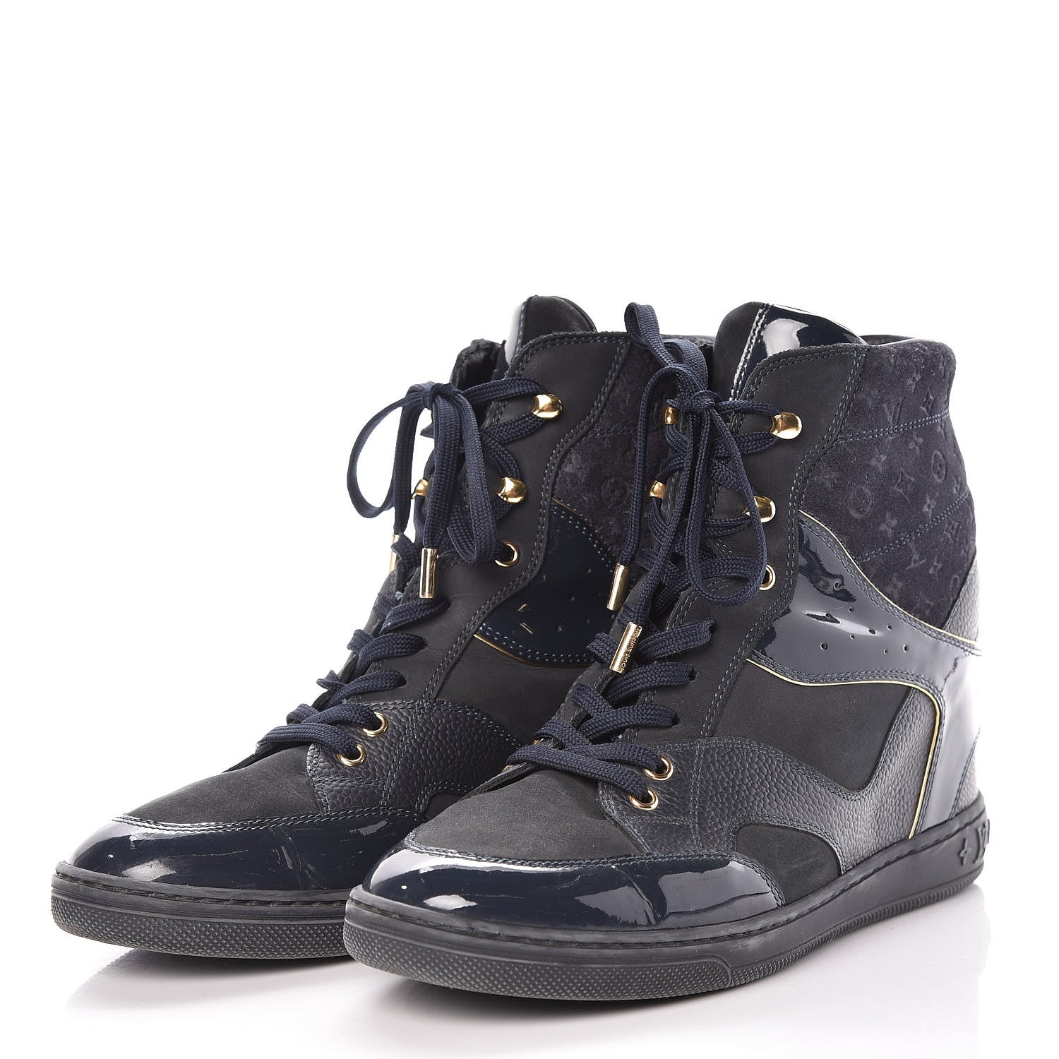 Louis Vuitton Calfskin Patent Suede Monogram Cliff Top Wedge Sneakers 41Navy 3 of 9