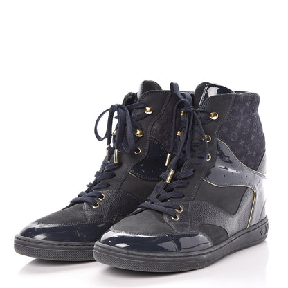 Louis Vuitton Calfskin Patent Suede Monogram Cliff Top Wedge Sneakers 41Navy 3 of 9