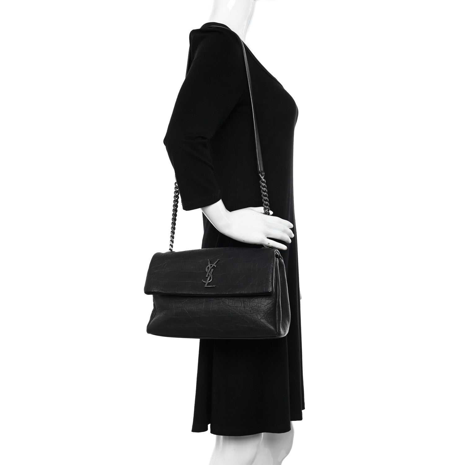 Saint Laurent Calfskin Crocodile Embossed Medium West Hollywood Monogram Fold-Over Bag 2 of 11