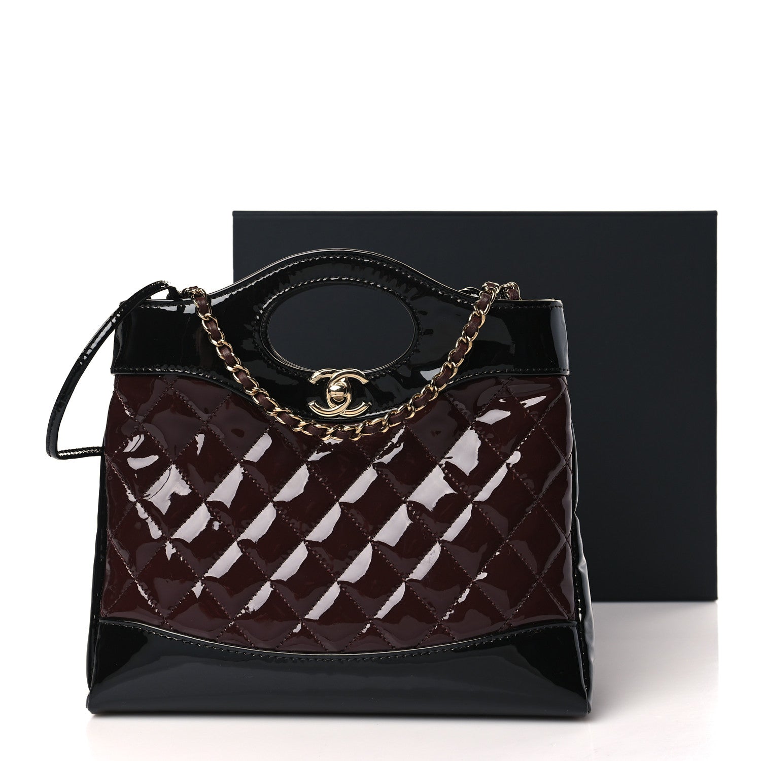 Chanel Patent Calfskin Quilted Mini 31 Shopping Bag Burgundy Black 10 of 10