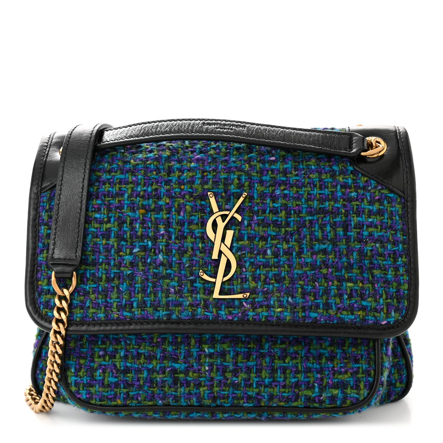 Saint Laurent Tweed Calfskin Matelasse Monogram Baby Niki Chain Satchel Blue 1 of 10