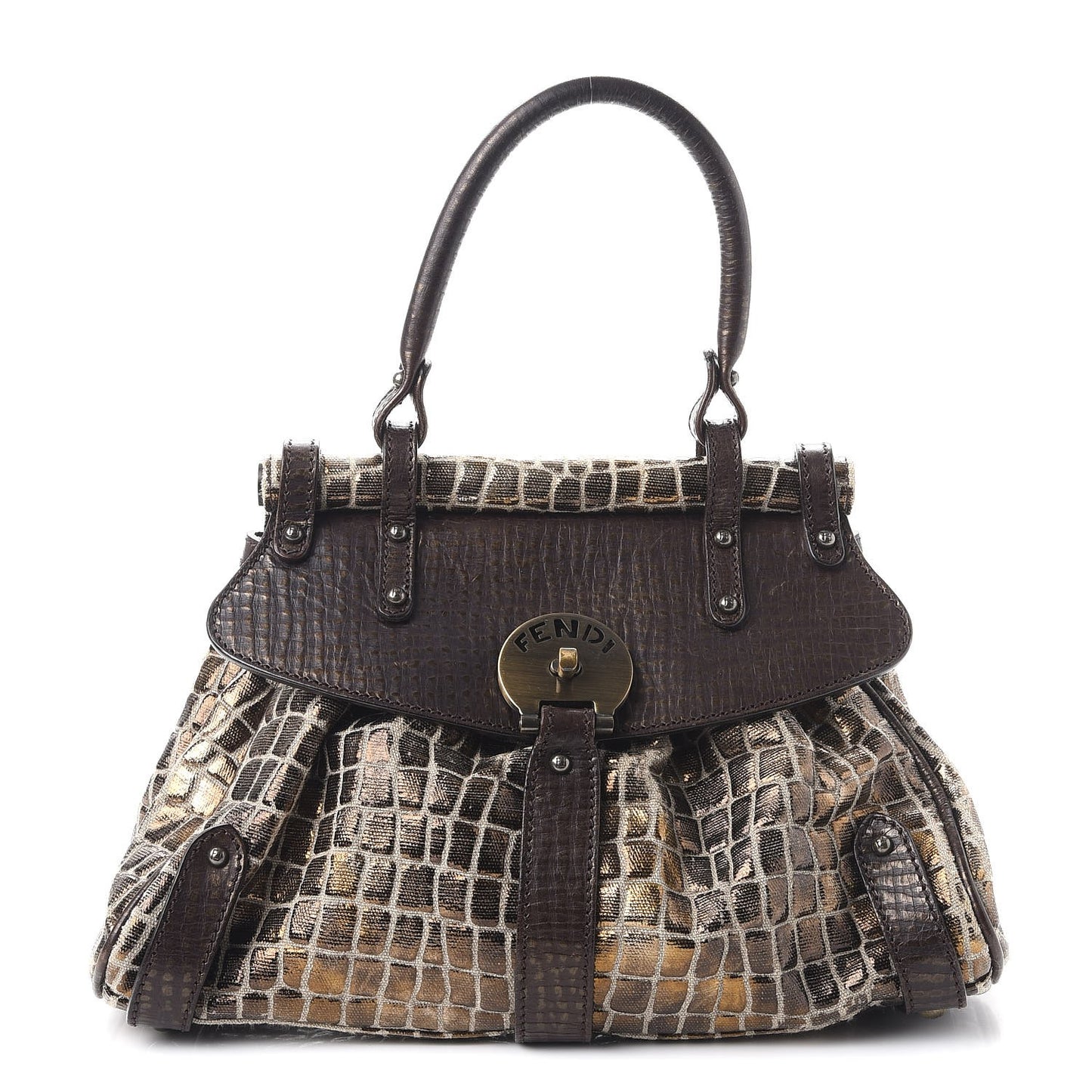 Metallic Canvas Croc Print Magic Satchel Brown