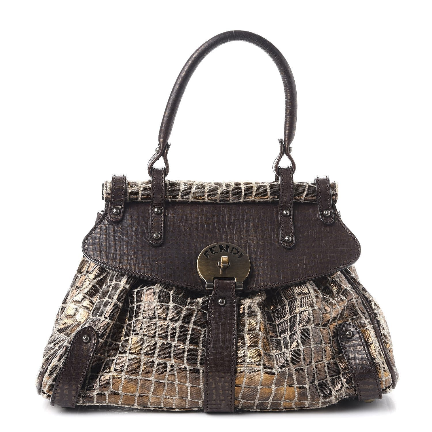 Fendi Metallic Canvas Croc Print Magic Satchel Brown 1 of 12
