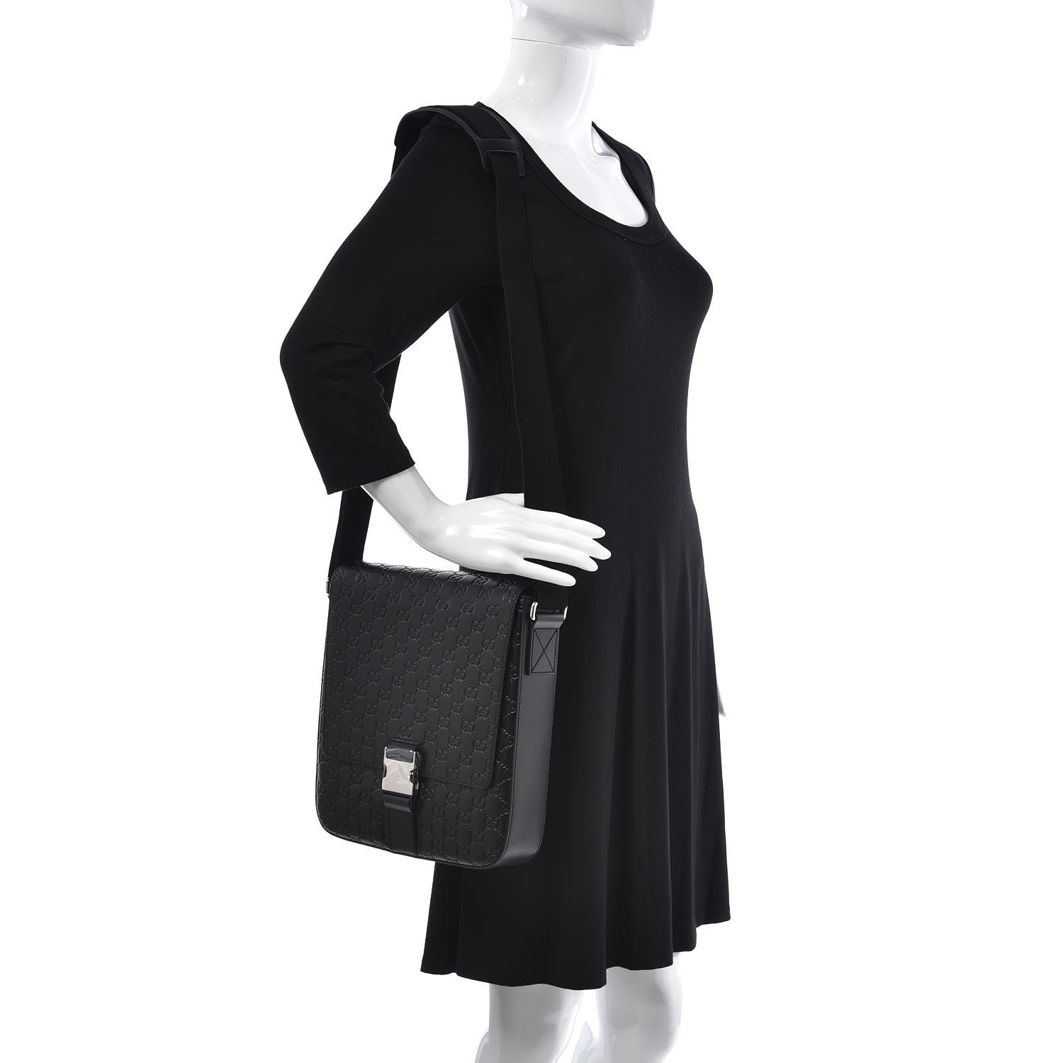 Gucci Guccissima Signature Single Buckle Flap Messenger Bag Black 2 of 7