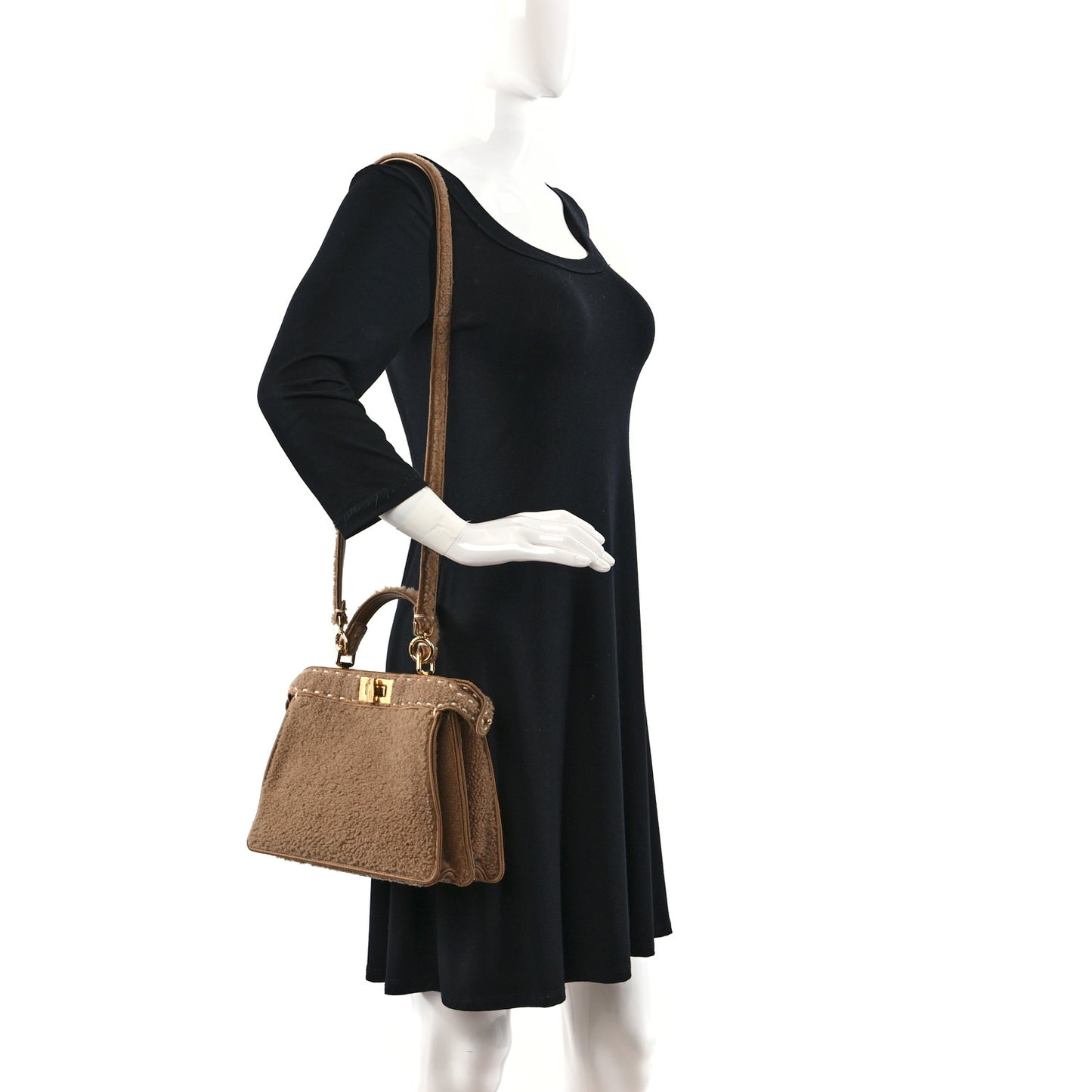 Curly Shearling Shiny Nappa Small Peekaboo I SEE U Satchel Camel