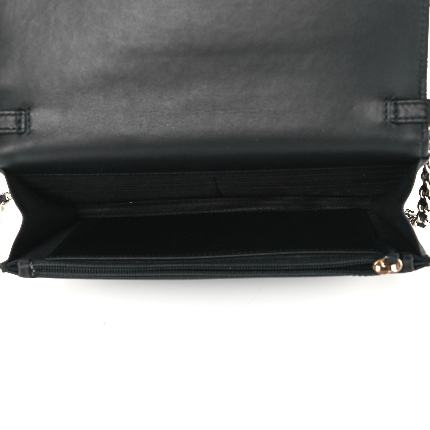 Crackled Patent Calfskin Quilted Pearl Wallet On Chain WOC Black