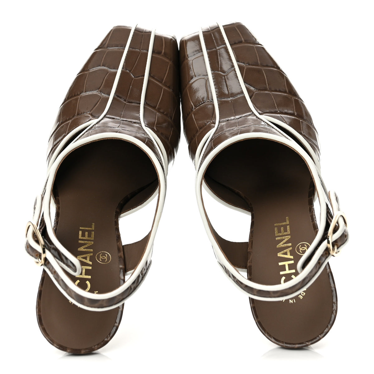 Chanel Patent Calfskin Crocodile Embossed CC Slingback Pumps 37.5 Brown White 2 of 11