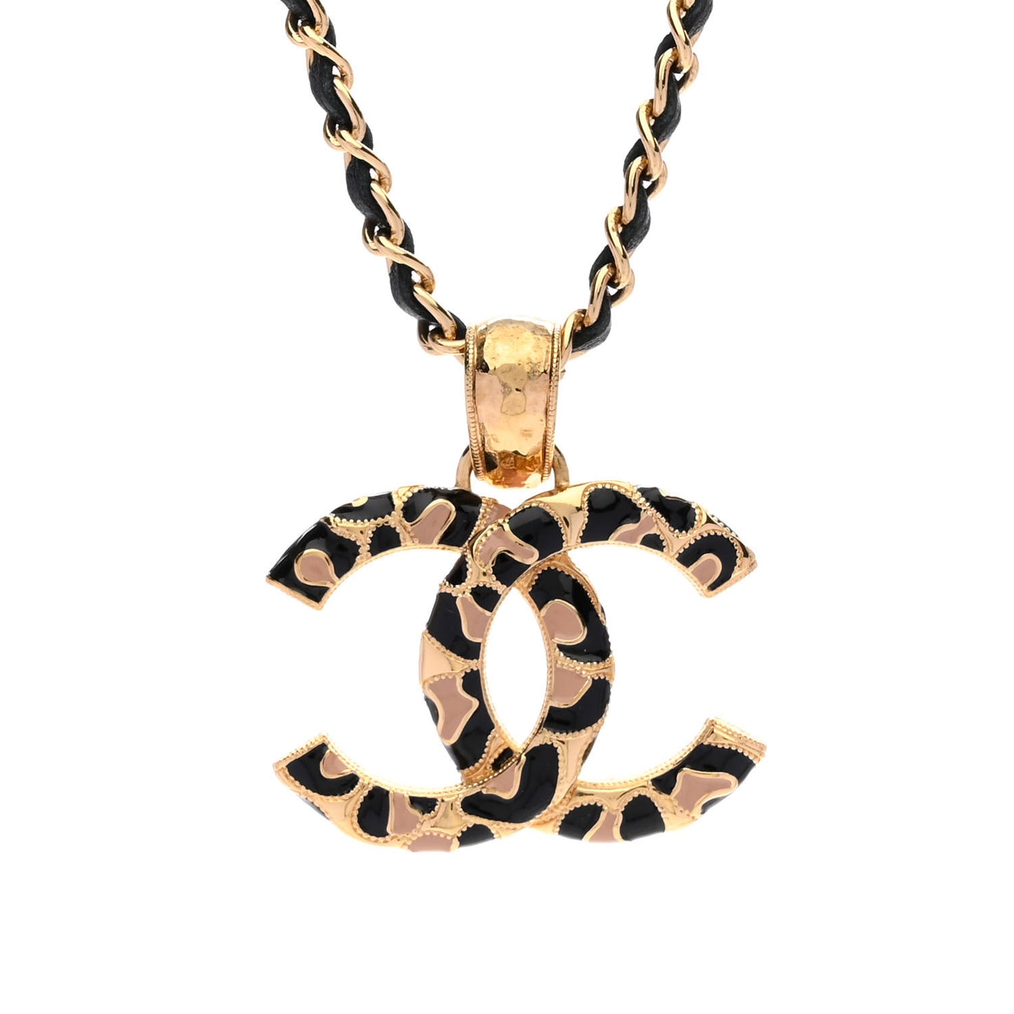 Metal Calfskin Leopard Print CC Pendant Necklace Gold Black Beige