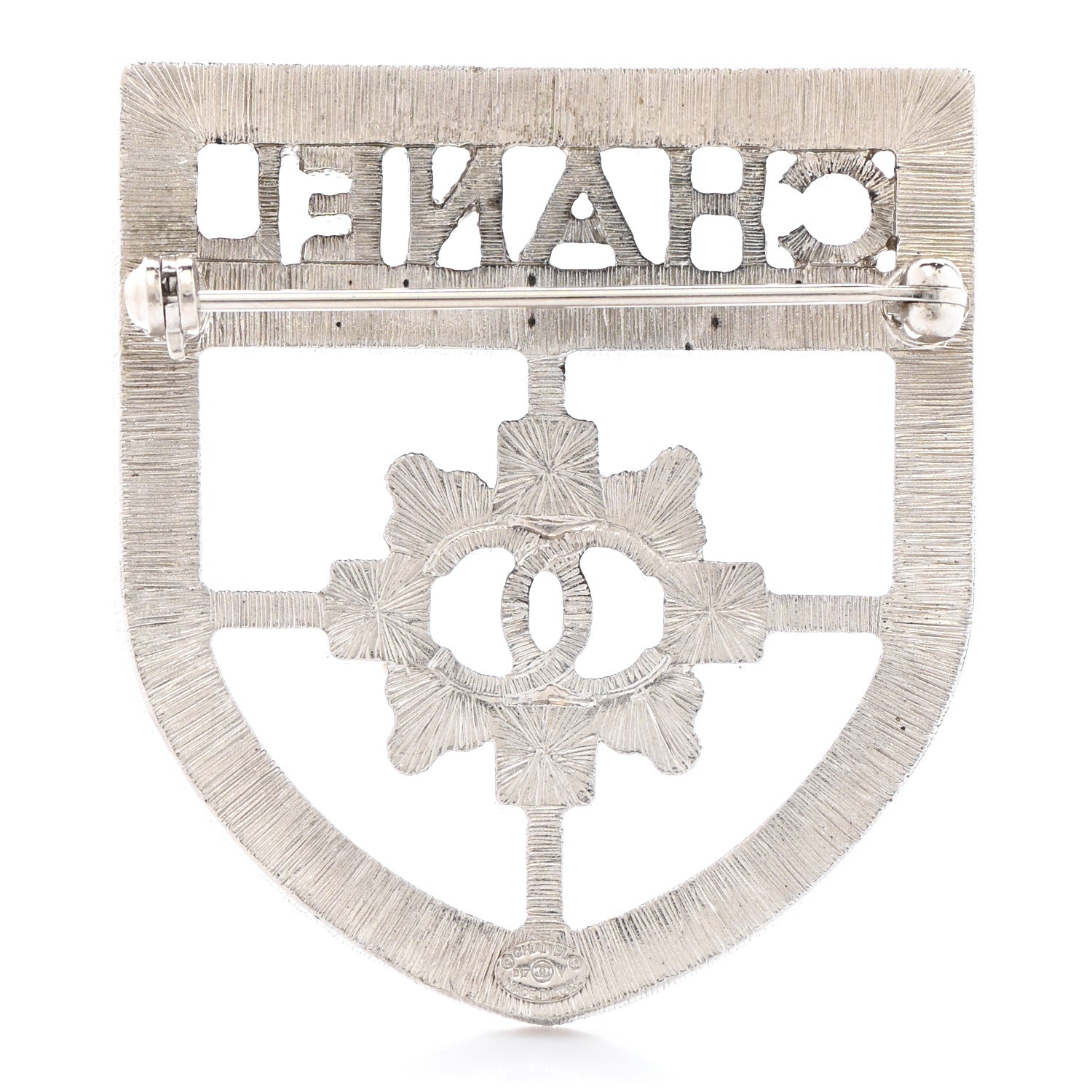 Chanel Swarovski Baguette Crystal CC Shield Brooch Silver 3 of 5