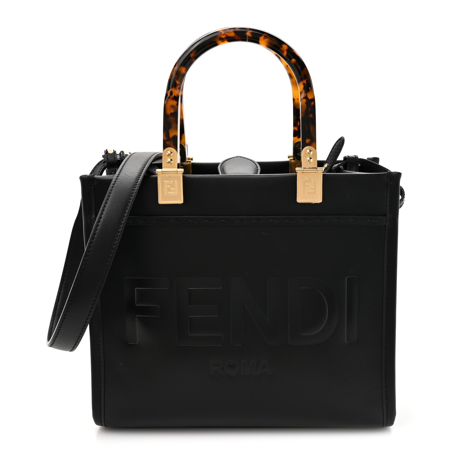 Fendi Vitello King Plexiglass Logo Embossed Small Fendi Sunshine Shopper Tote Black 1 of 9
