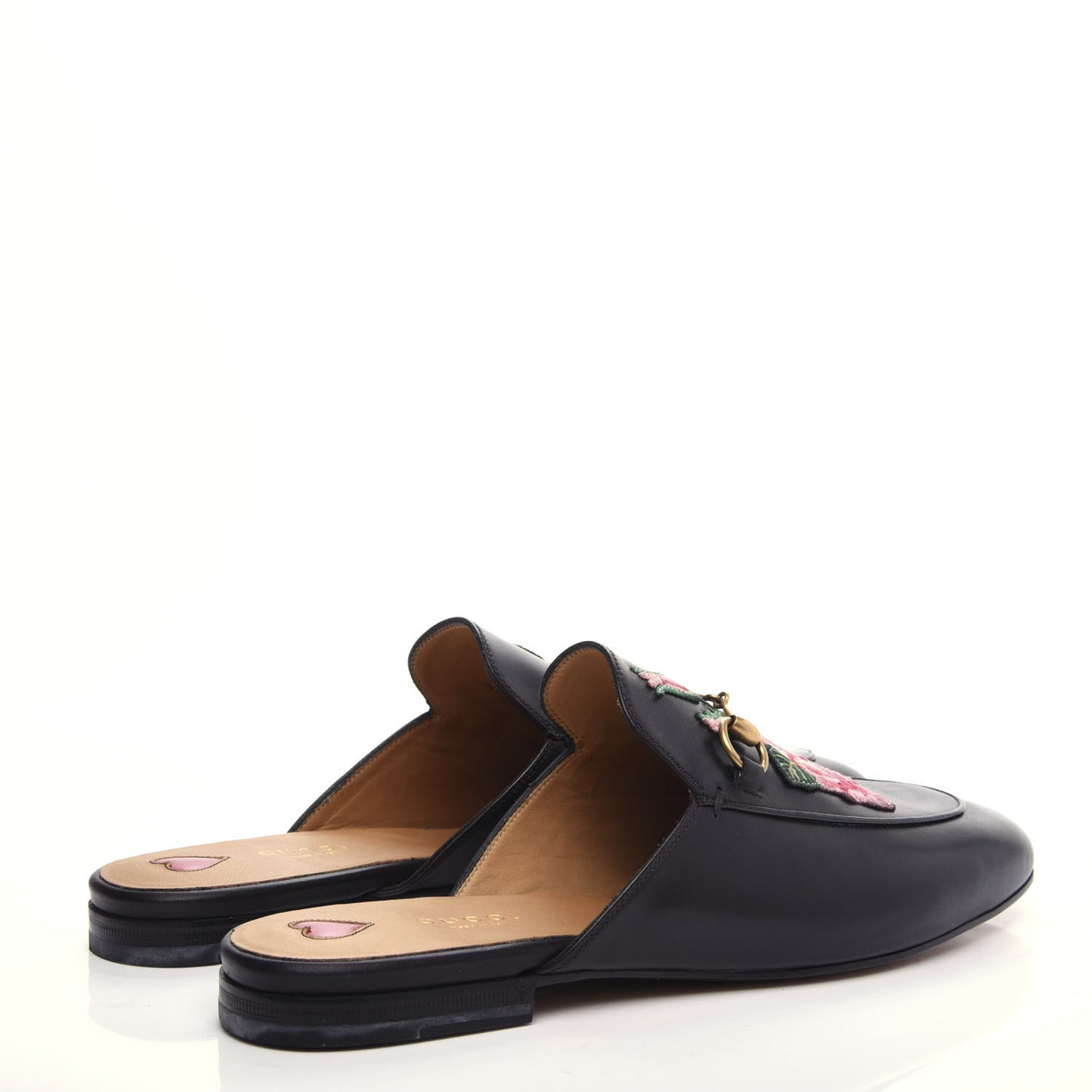 Calfskin Flower Embroidered Princetown Slippers 40.5 Black