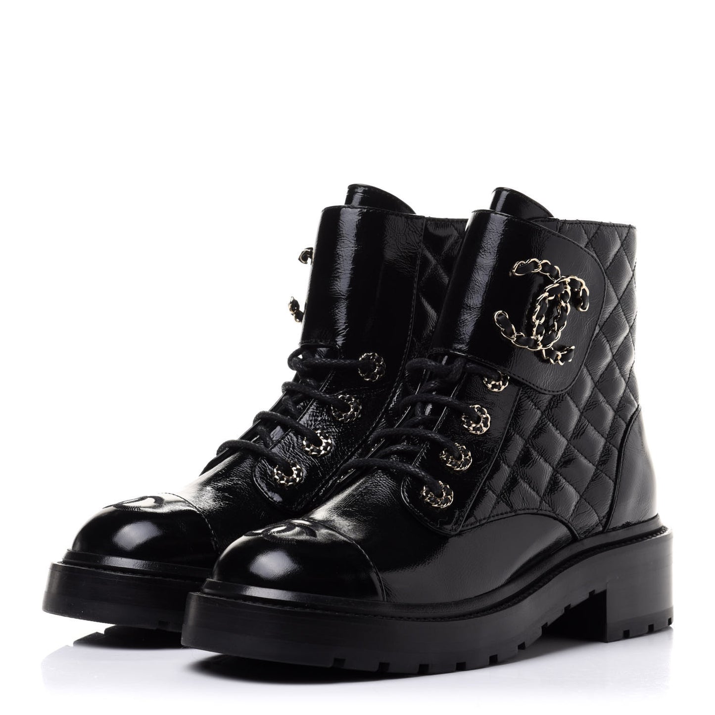Shiny Calfskin Quilted Lace Up Combat Boots 37 Black