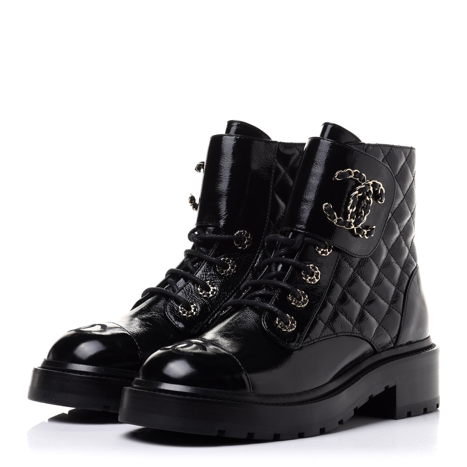 Chanel Shiny Calfskin Quilted Lace Up Combat Boots 37 Black 3 of 10