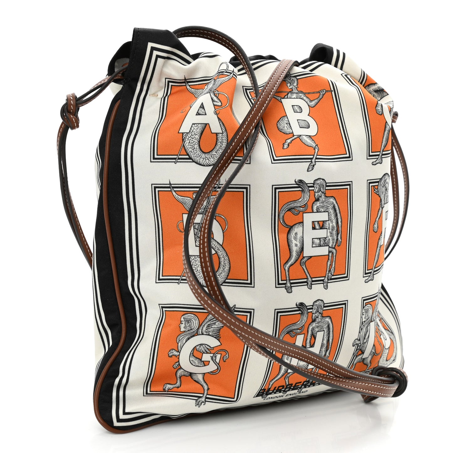 Satin Mythical Alphabet Drawstring Pouch Orange Black White